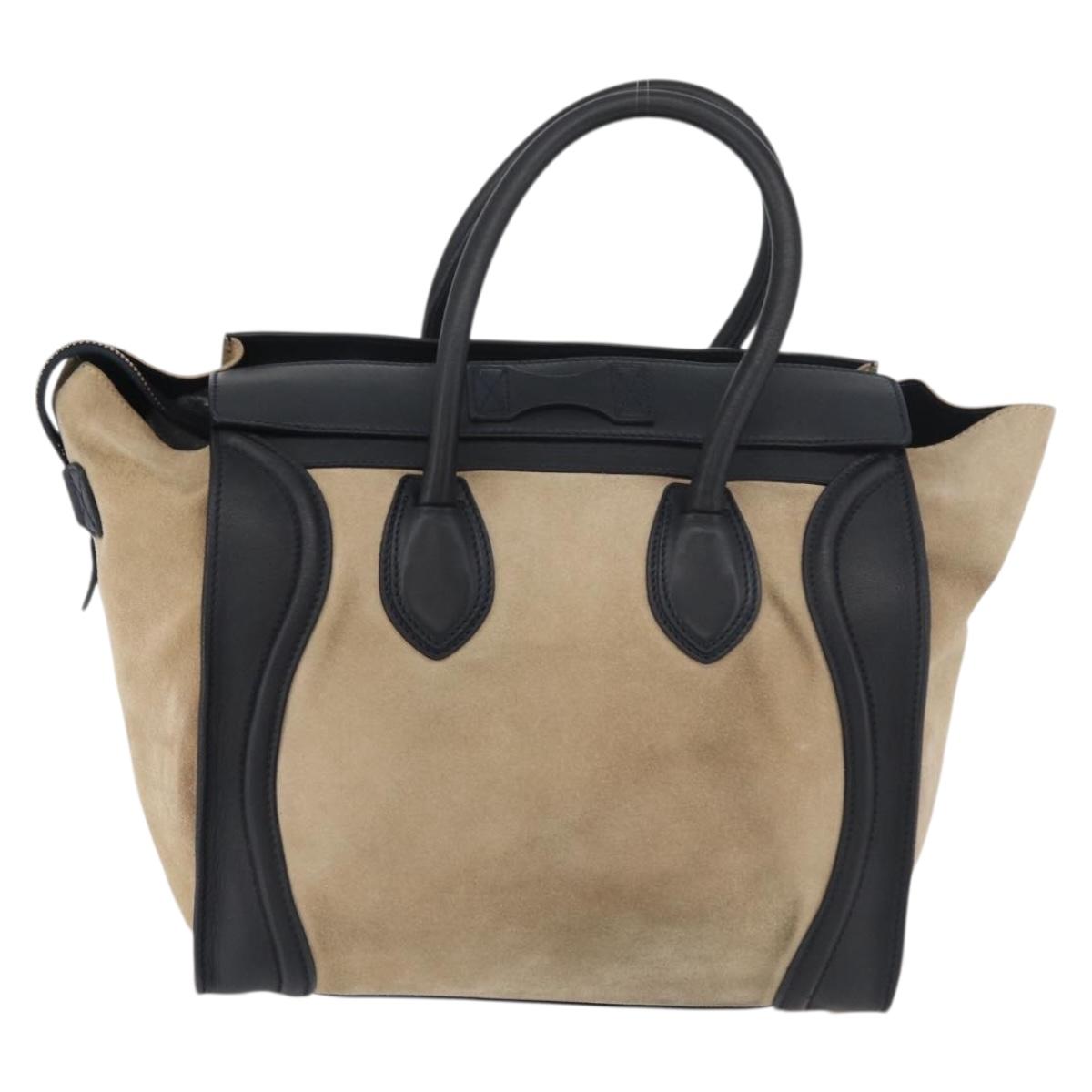 CELINE Luggage Medium Hand Bag Suede Leather Beige Gold black Auth ka3972A