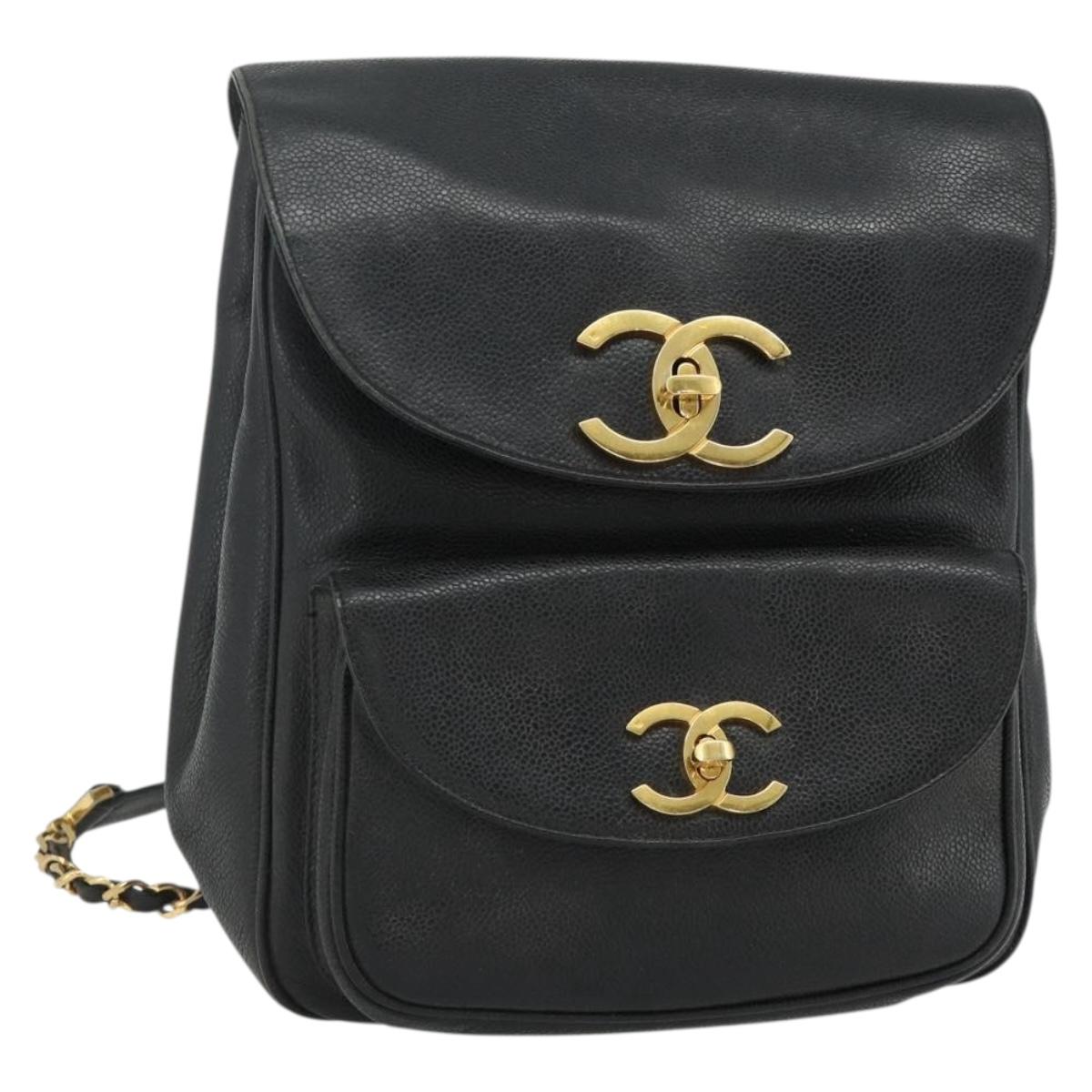 CHANEL Chain Backpack Caviar Skin Gold Black CC Auth ka4012V