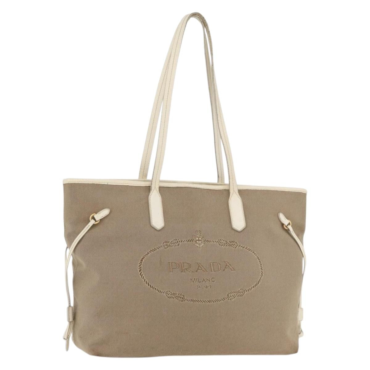 PRADA Tote Bag Canvas Beige Gold Auth ka4014