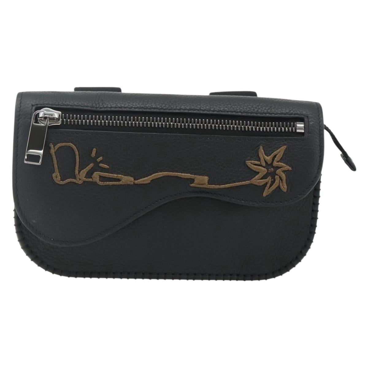 Christian Dior Saddle Arm Pouch Cactus Jack Leather Black Silver Auth ka4066A