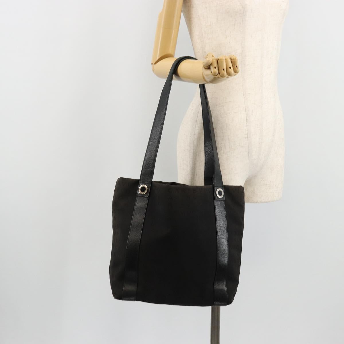 BVLGARI Tote Bag Canvas Leather Black Silver Auth ka4072