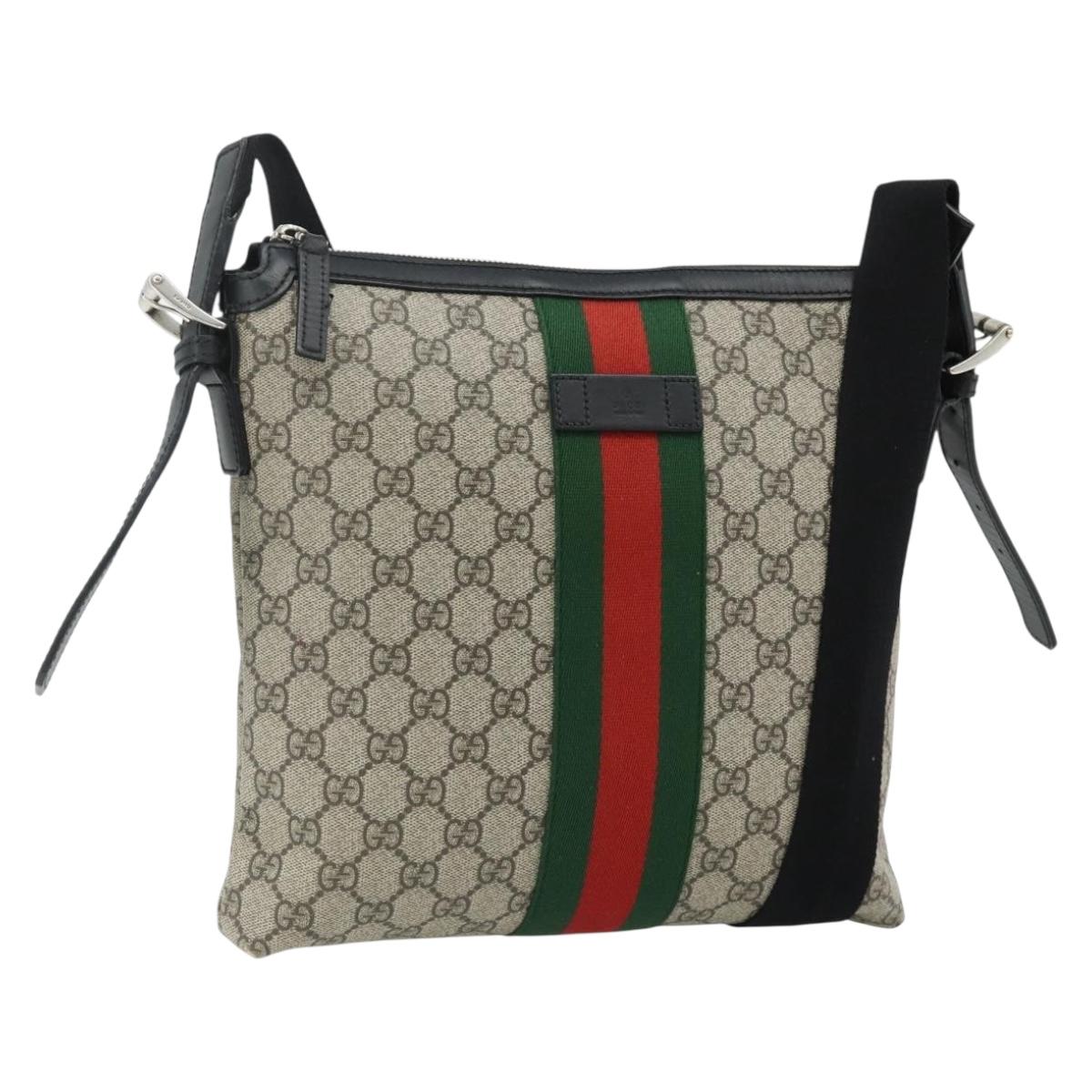 GUCCI GG Supreme Web Sherry Line Bag PVC Beige Silver 387111 Auth ka4079