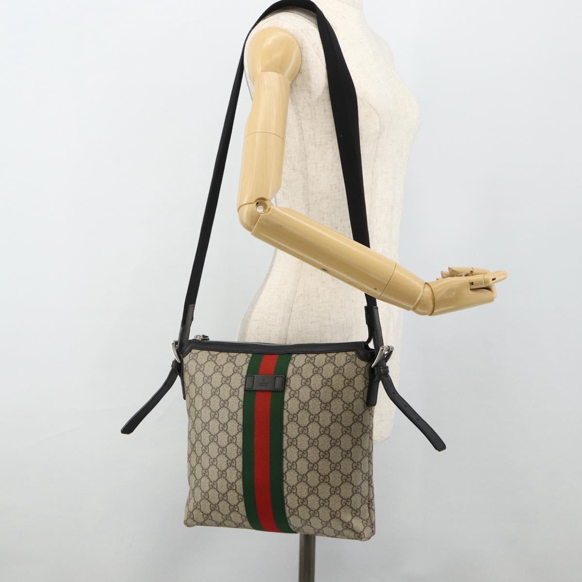 GUCCI GG Supreme Web Sherry Line Bag PVC Beige Silver 387111 Auth ka4079