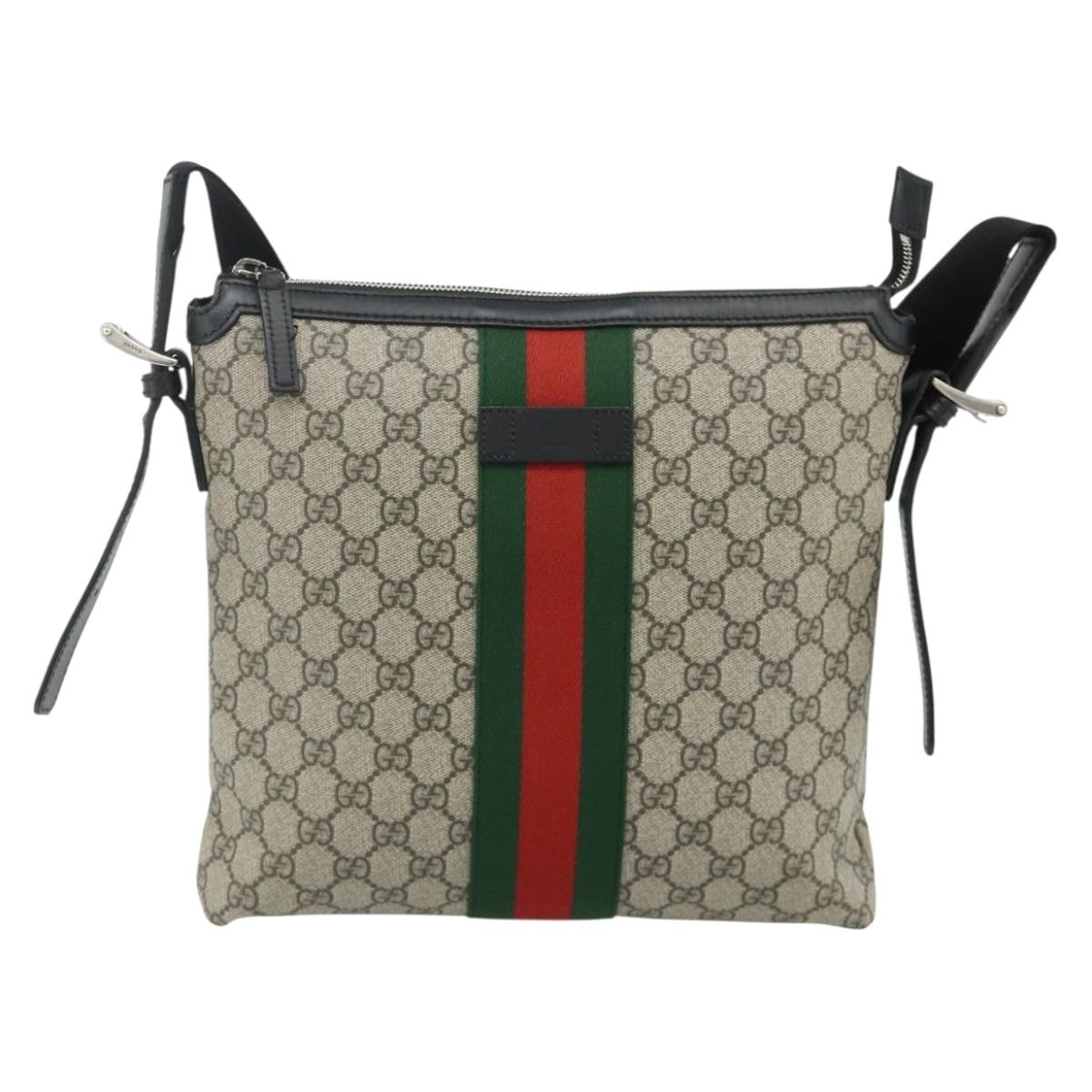 GUCCI GG Supreme Web Sherry Line Bag PVC Beige Silver 387111 Auth ka4079