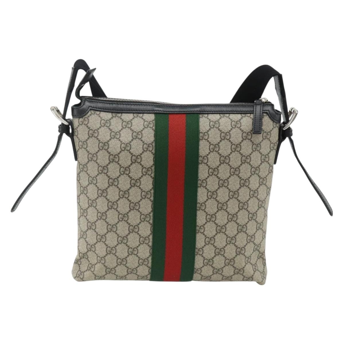 GUCCI GG Supreme Web Sherry Line Bag PVC Beige Silver 387111 Auth ka4079