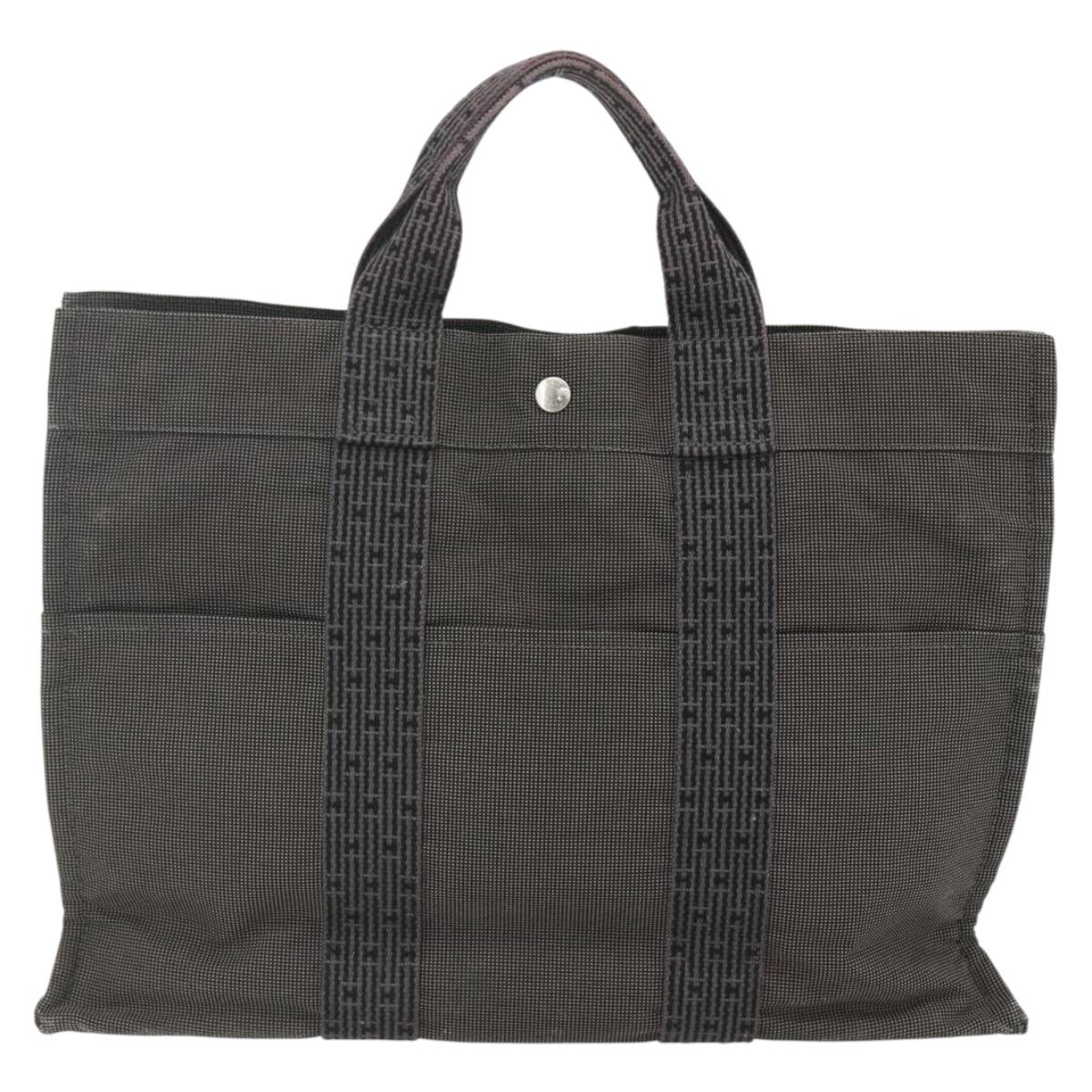 HERMES Her Line MM Hand Bag Canvas Gray Silver Auth ka409