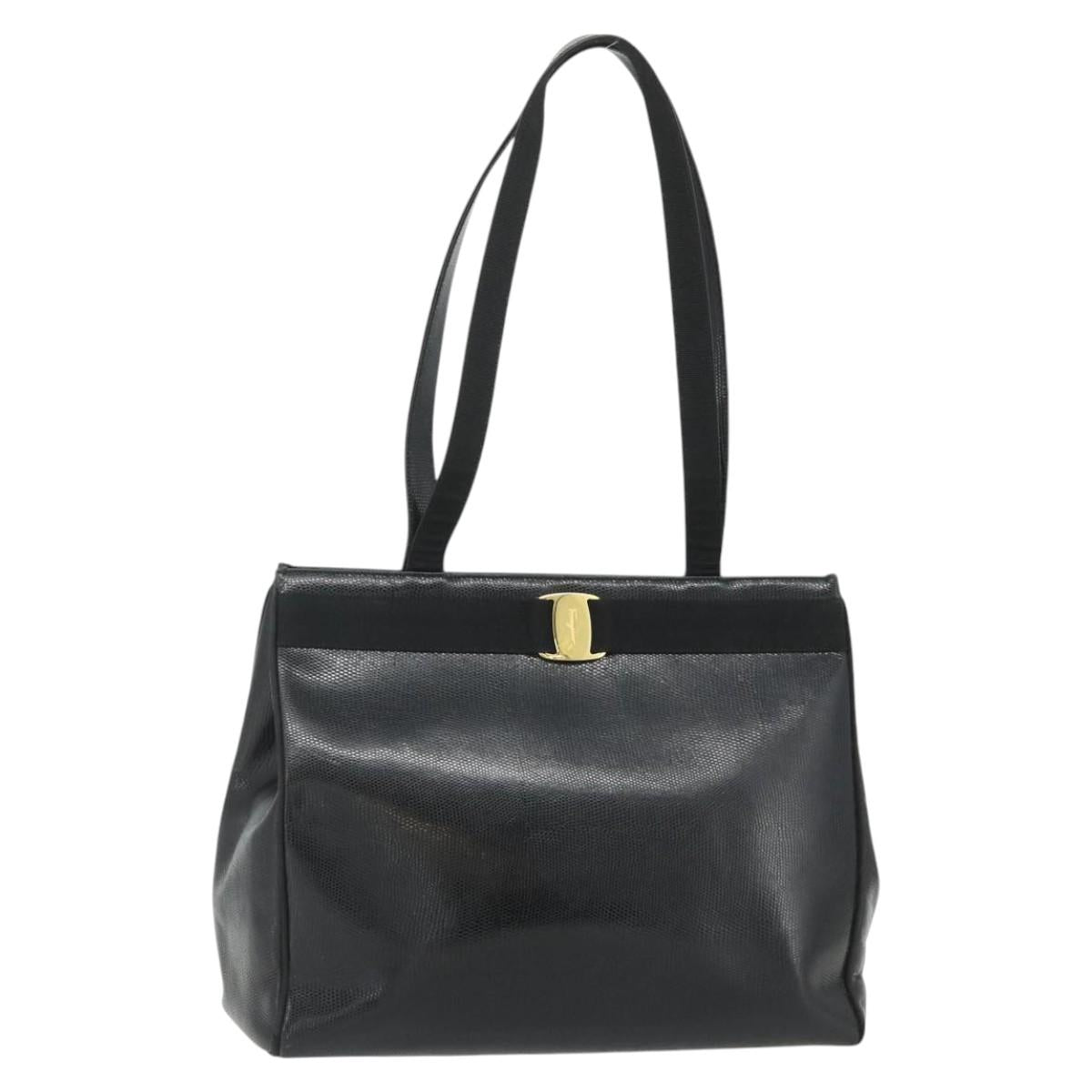 Salvatore Ferragamo Vala Tote Bag Leather Black Gold Auth ka4098