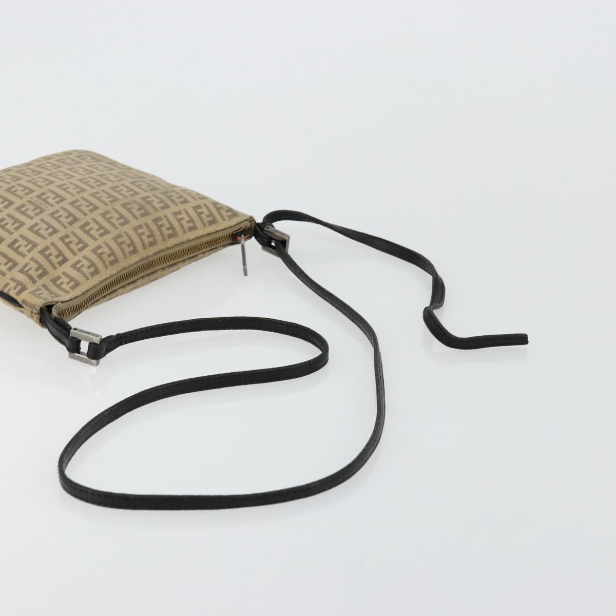 FENDI Zucchino Canvas Shoulder Bag Beige Silver Auth ka4113