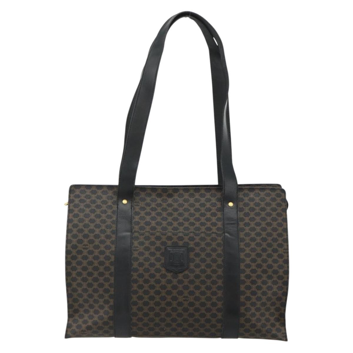 CELINE Macadam Canvas Tote Bag PVC Leather Black Gold Auth ka4128A