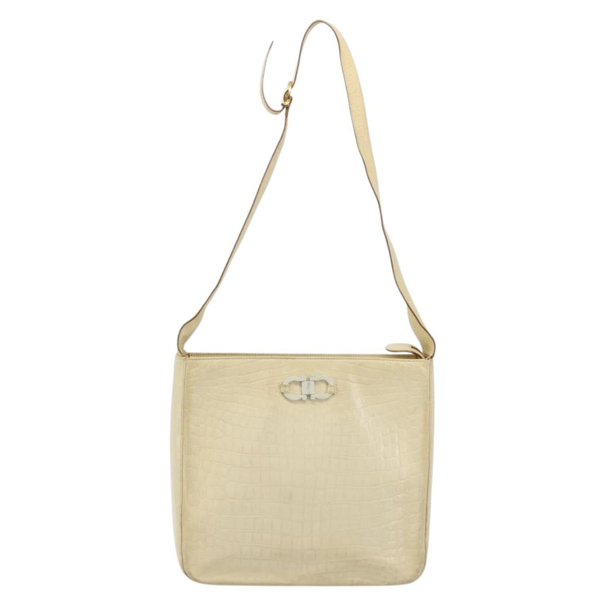 Salvatore Ferragamo Gancini Shoulder Bag Leather Beige Gold Auth ka4133