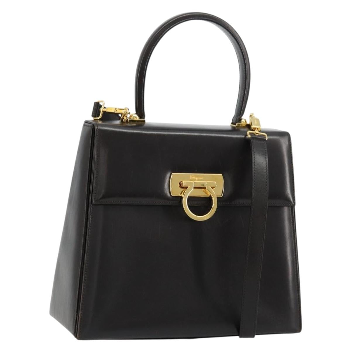 Salvatore Ferragamo Gancini Hand Bag Leather 2way Black Gold Auth ka4140