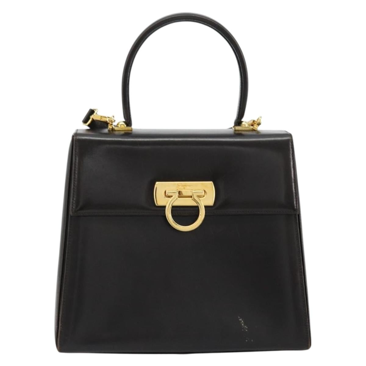 Salvatore Ferragamo Gancini Hand Bag Leather 2way Black Gold Auth ka4140
