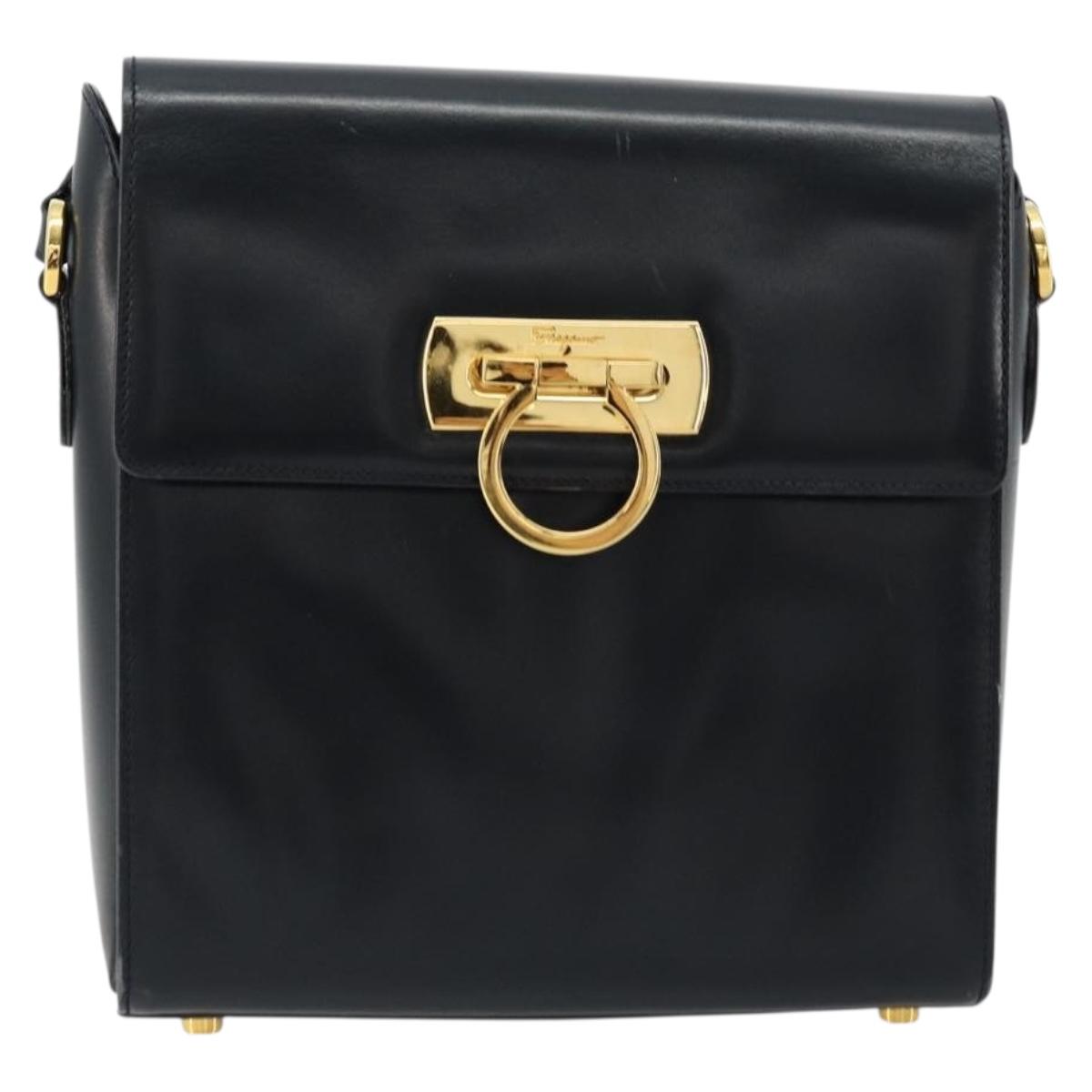 Salvatore Ferragamo Gancini Shoulder Bag Leather Navy Gold Auth ka4141