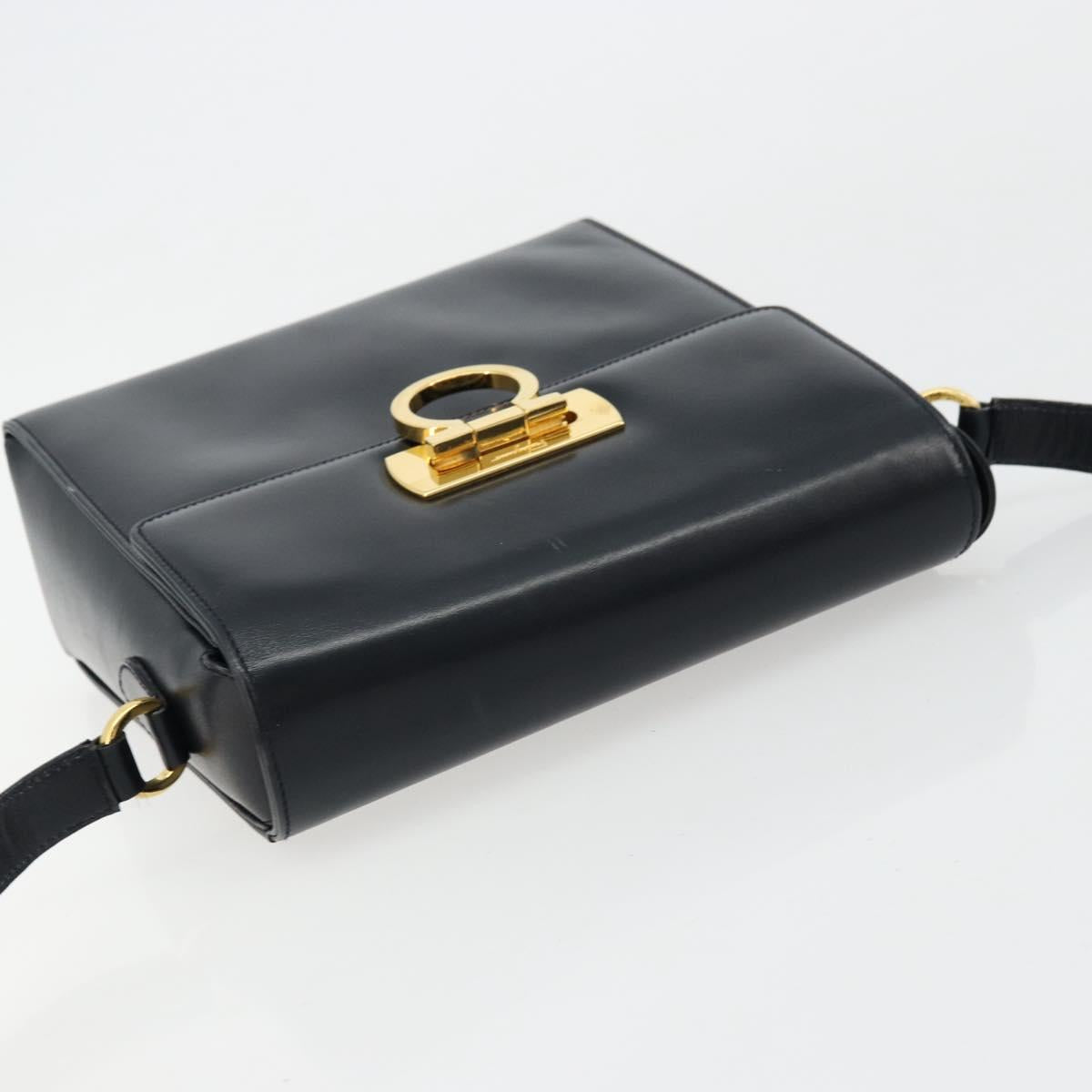 Salvatore Ferragamo Gancini Shoulder Bag Leather Navy Gold Auth ka4141