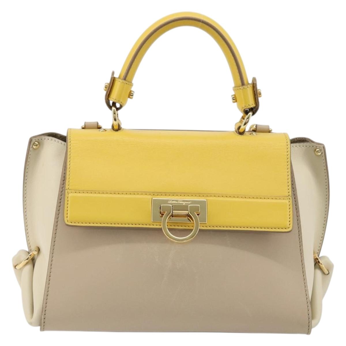 Salvatore Ferragamo Gancini Hand Bag Leather 2way Beige Yellow Auth ka4143A