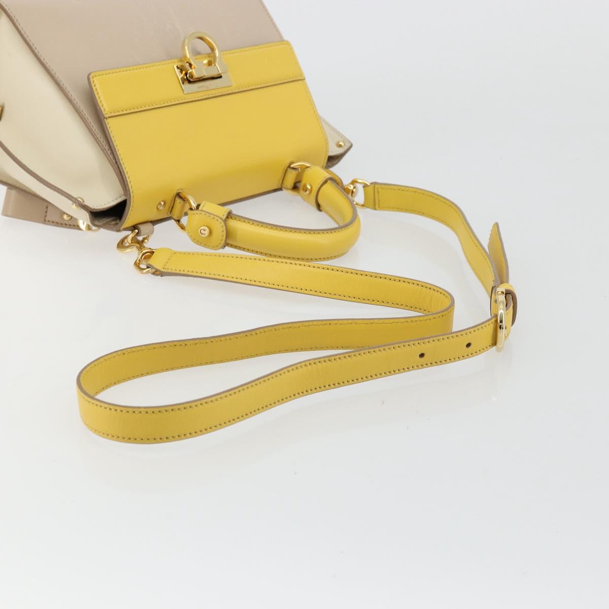Salvatore Ferragamo Gancini Hand Bag Leather 2way Beige Yellow Auth ka4143A