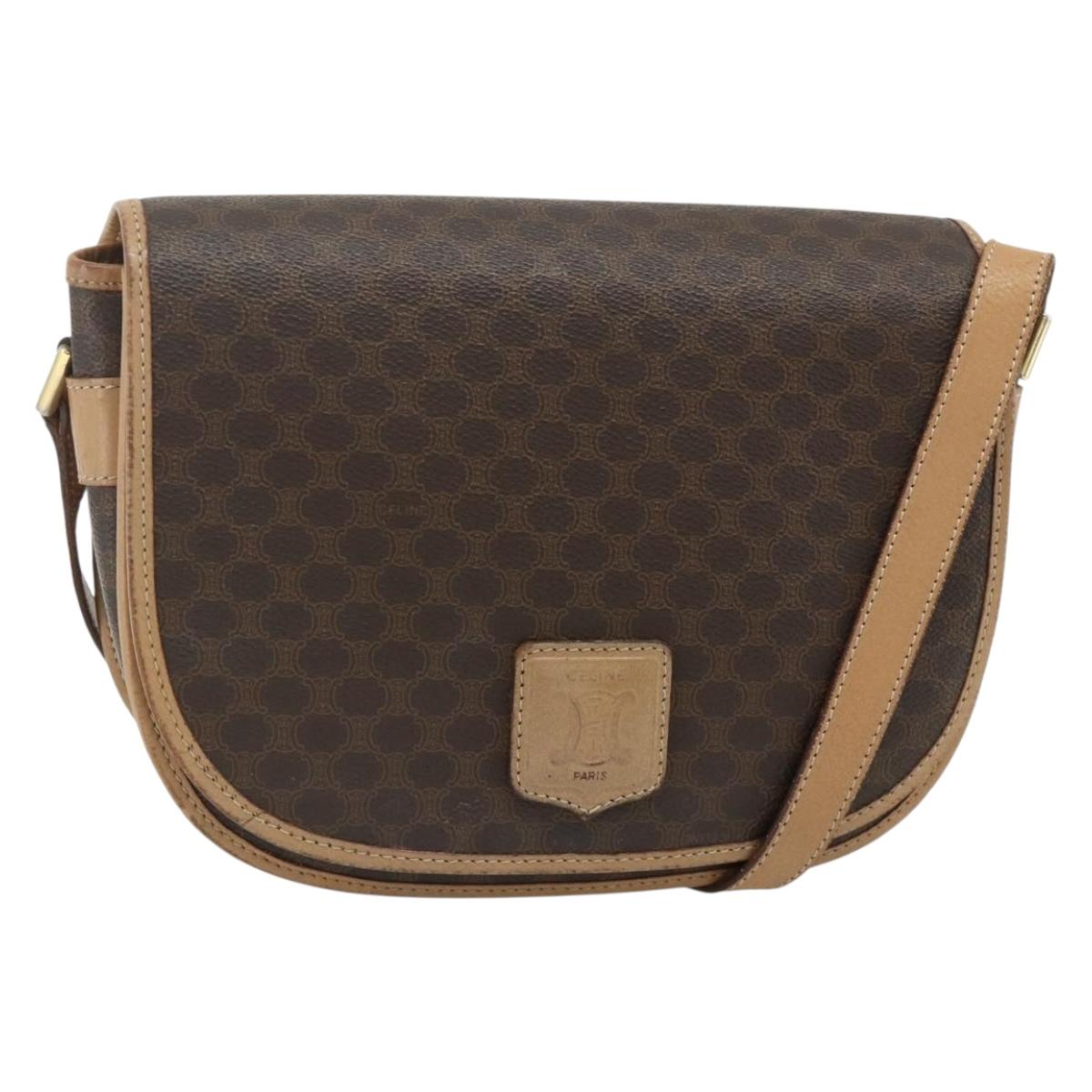 CELINE Macadam Canvas Shoulder Bag PVC Leather Brown Gold Auth ka4144