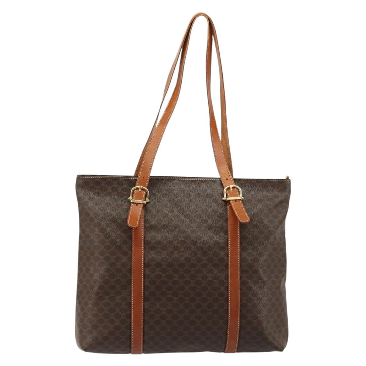 CELINE Macadam Canvas Tote Bag PVC Leather Brown Gold Auth ka4149
