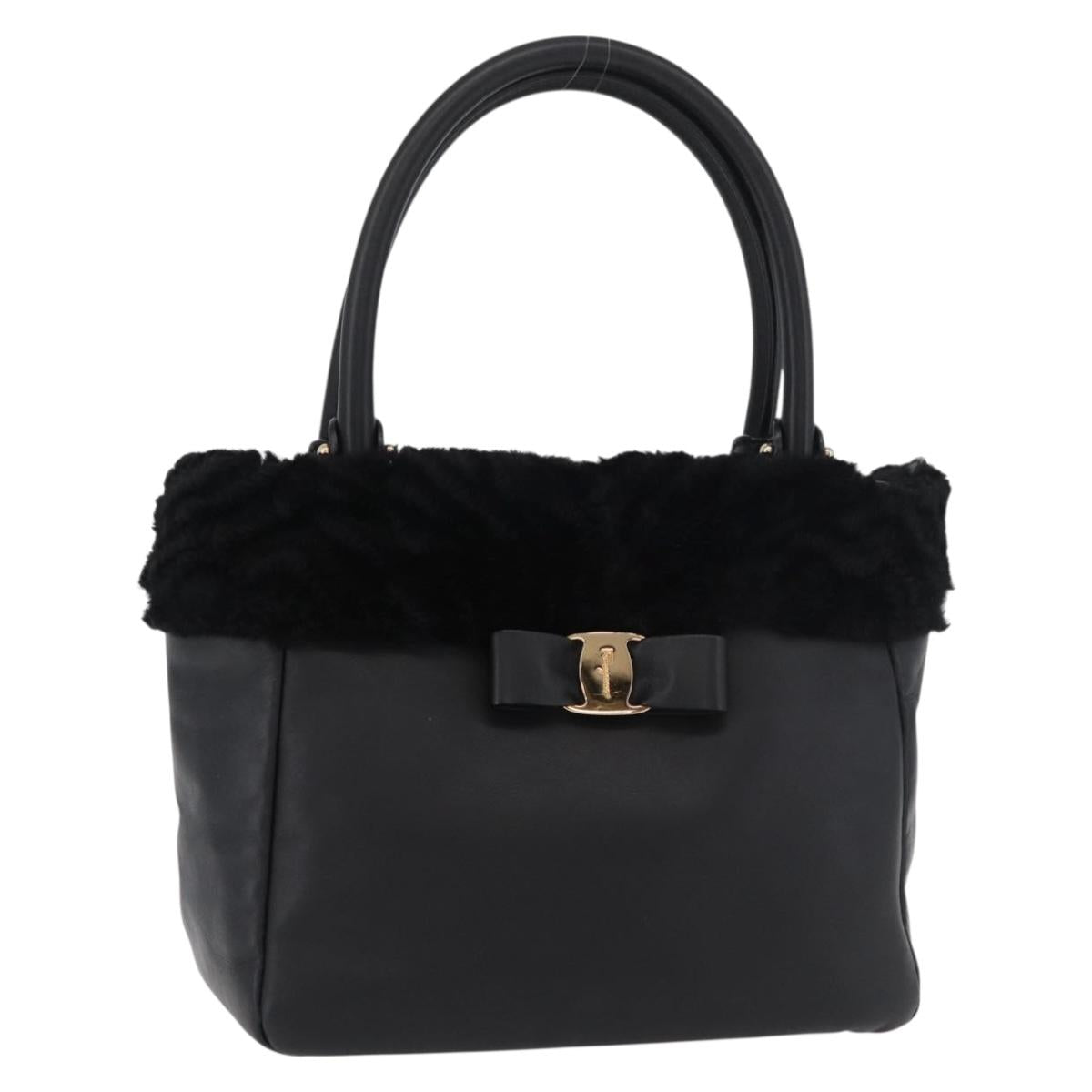 Salvatore Ferragamo Vala Hand Bag Leather Black Gold Auth ka4181A