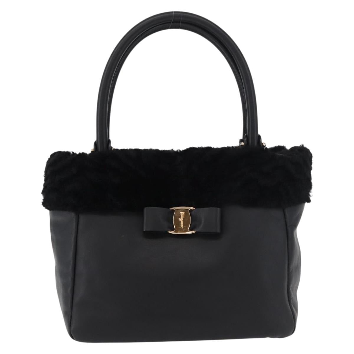 Salvatore Ferragamo Vala Hand Bag Leather Black Gold Auth ka4181A