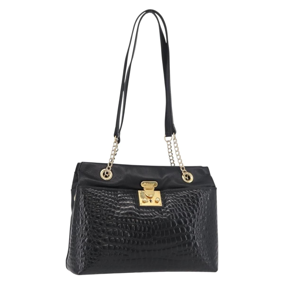 BALLY Chain Shoulder Bag Leather Black Gold Auth ka4189A
