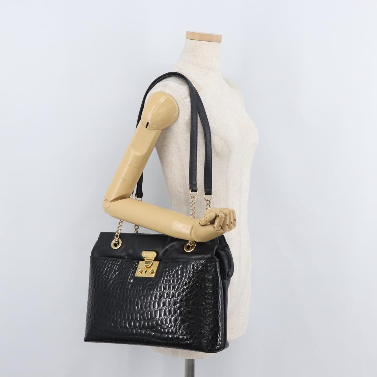 BALLY Chain Shoulder Bag Leather Black Gold Auth ka4189A