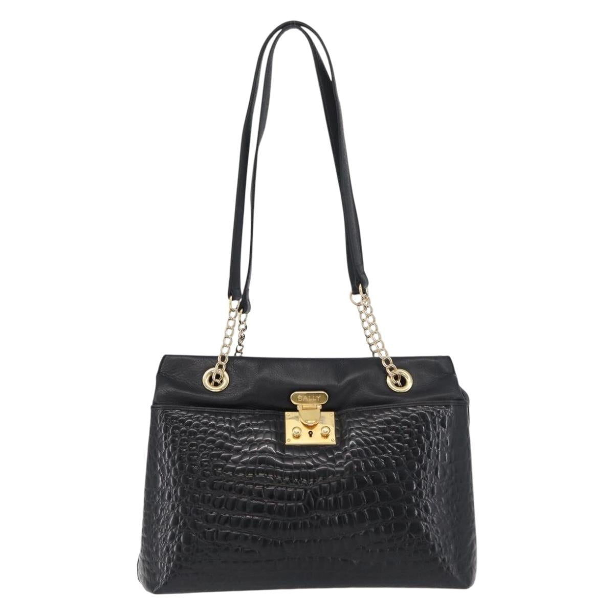 BALLY Chain Shoulder Bag Leather Black Gold Auth ka4189A
