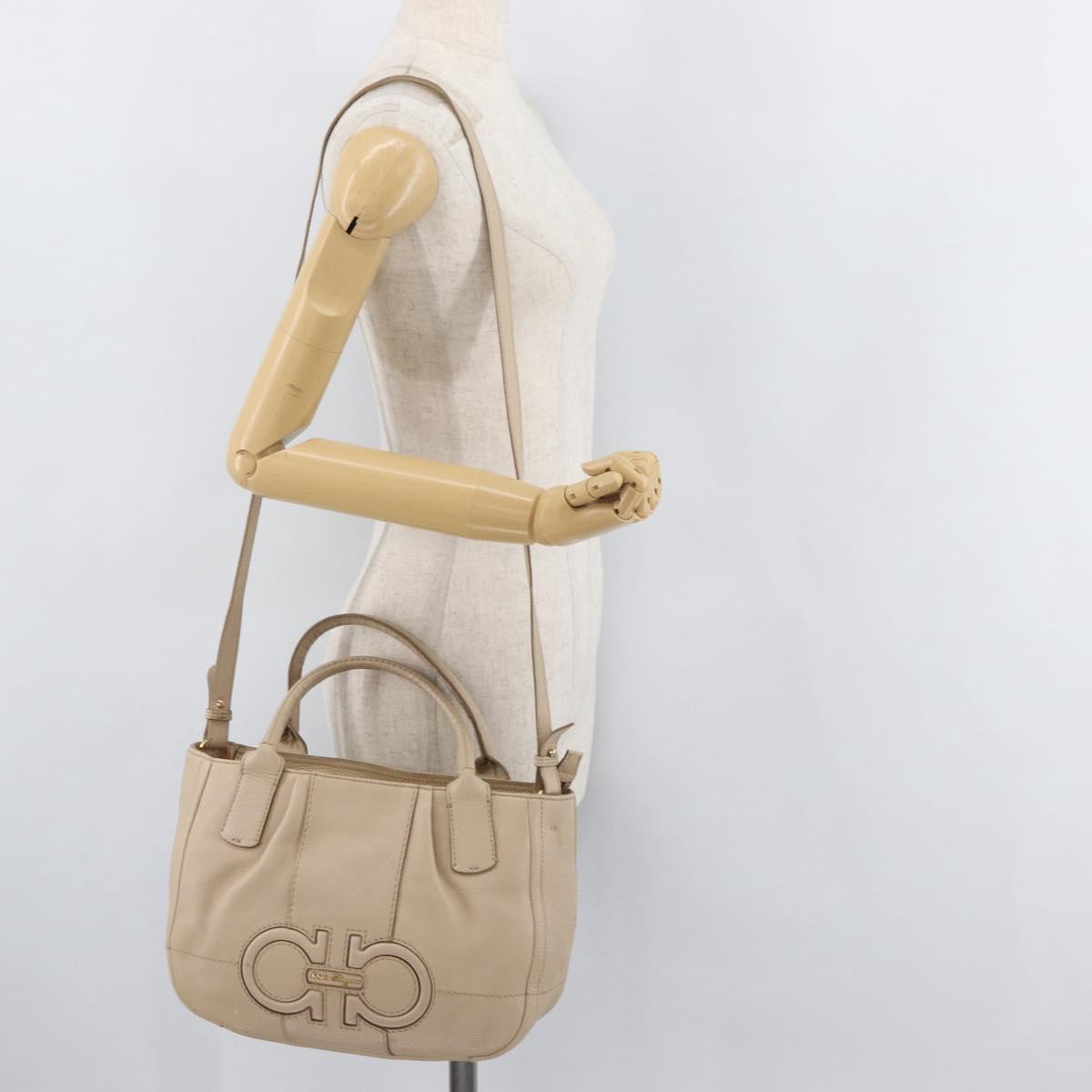 Salvatore Ferragamo Gancini Hand Bag Leather 2way Beige Gold Auth ka4190