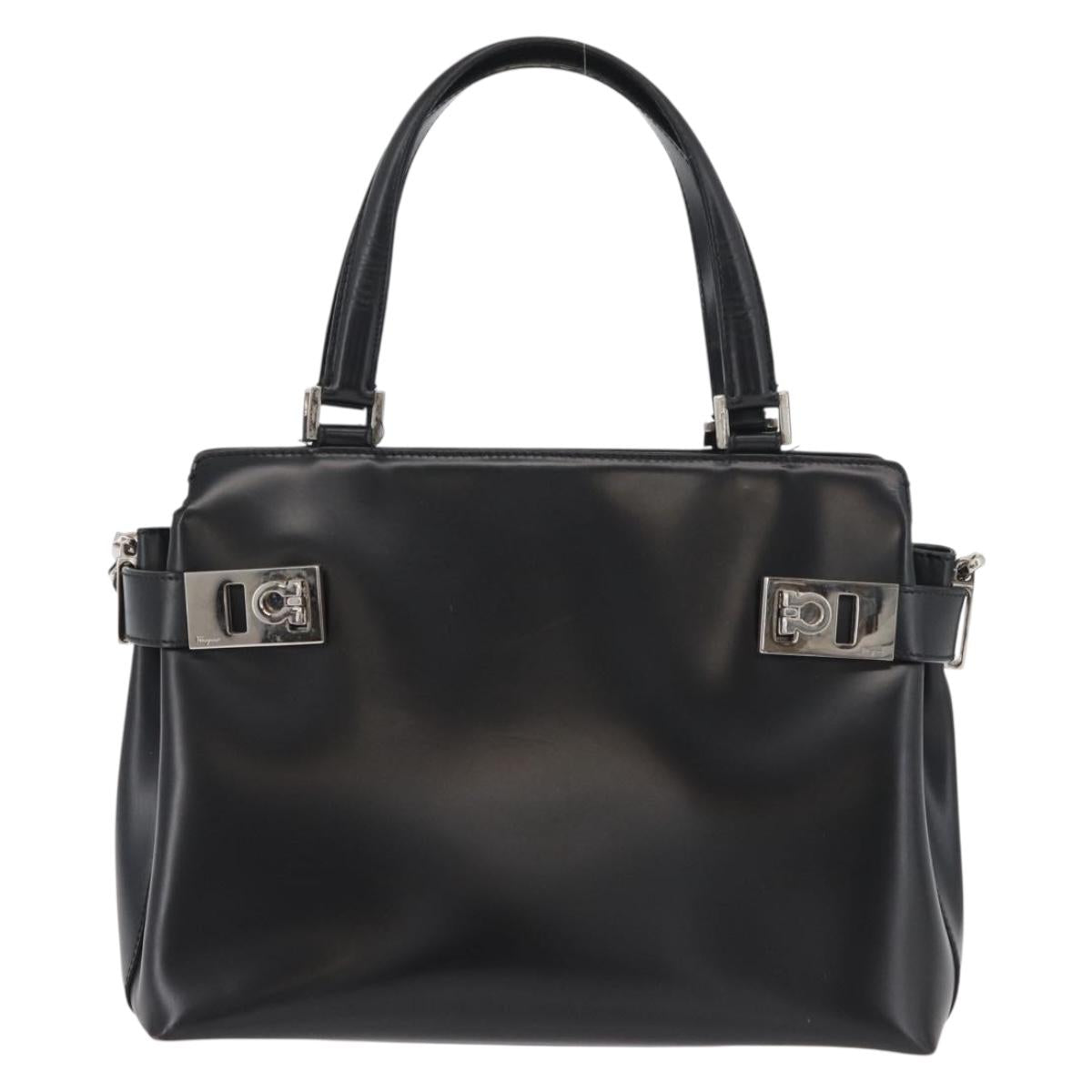 Salvatore Ferragamo Gancini Hand Bag Leather 2way Black Silver Auth ka4192