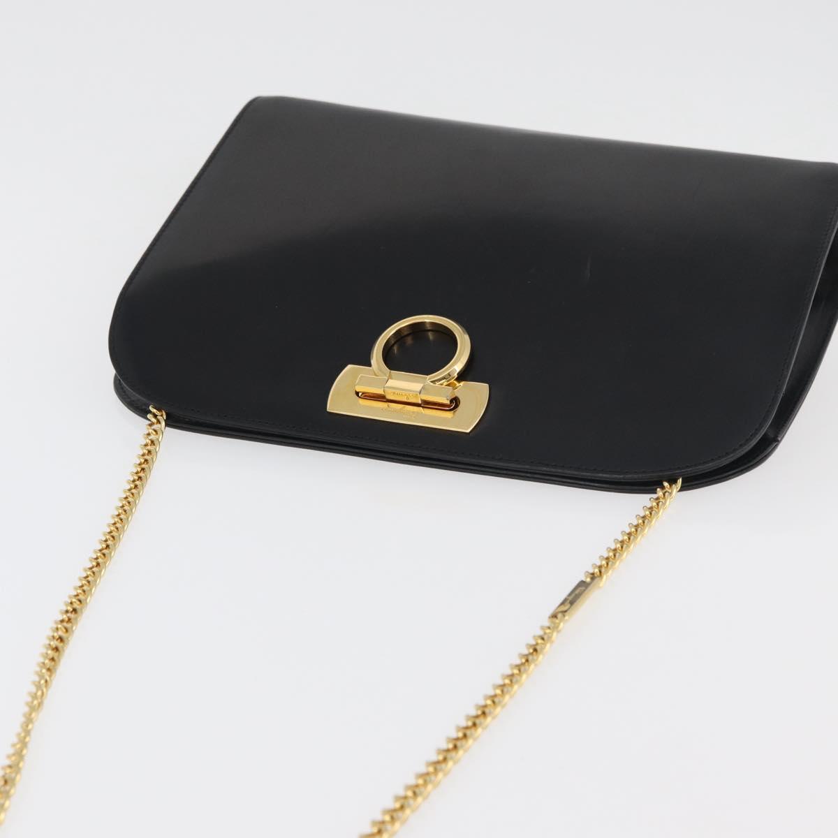 Salvatore Ferragamo Gancini Chain Shoulder Bag Leather Black Gold Auth ka4202