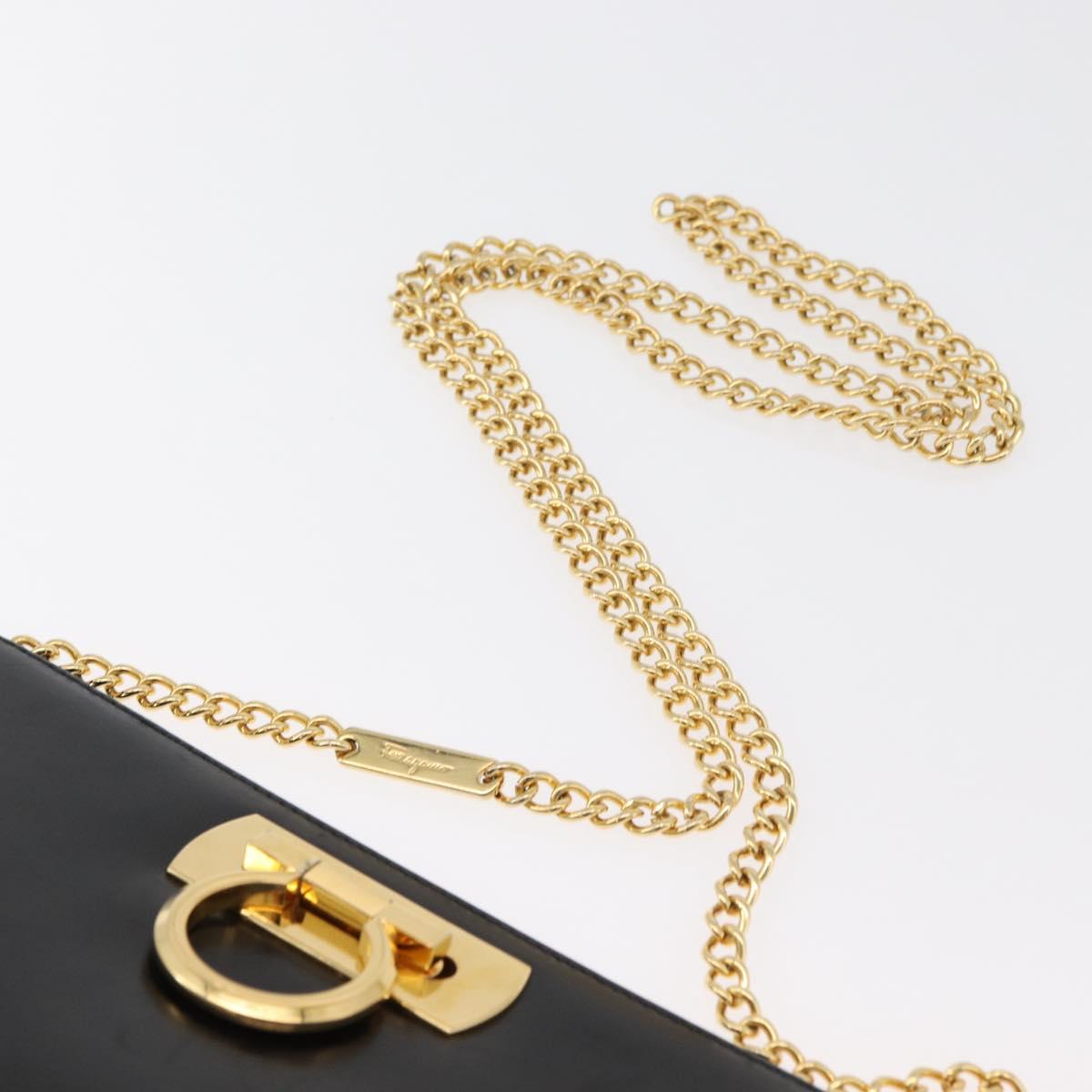 Salvatore Ferragamo Gancini Chain Shoulder Bag Leather Black Gold Auth ka4202