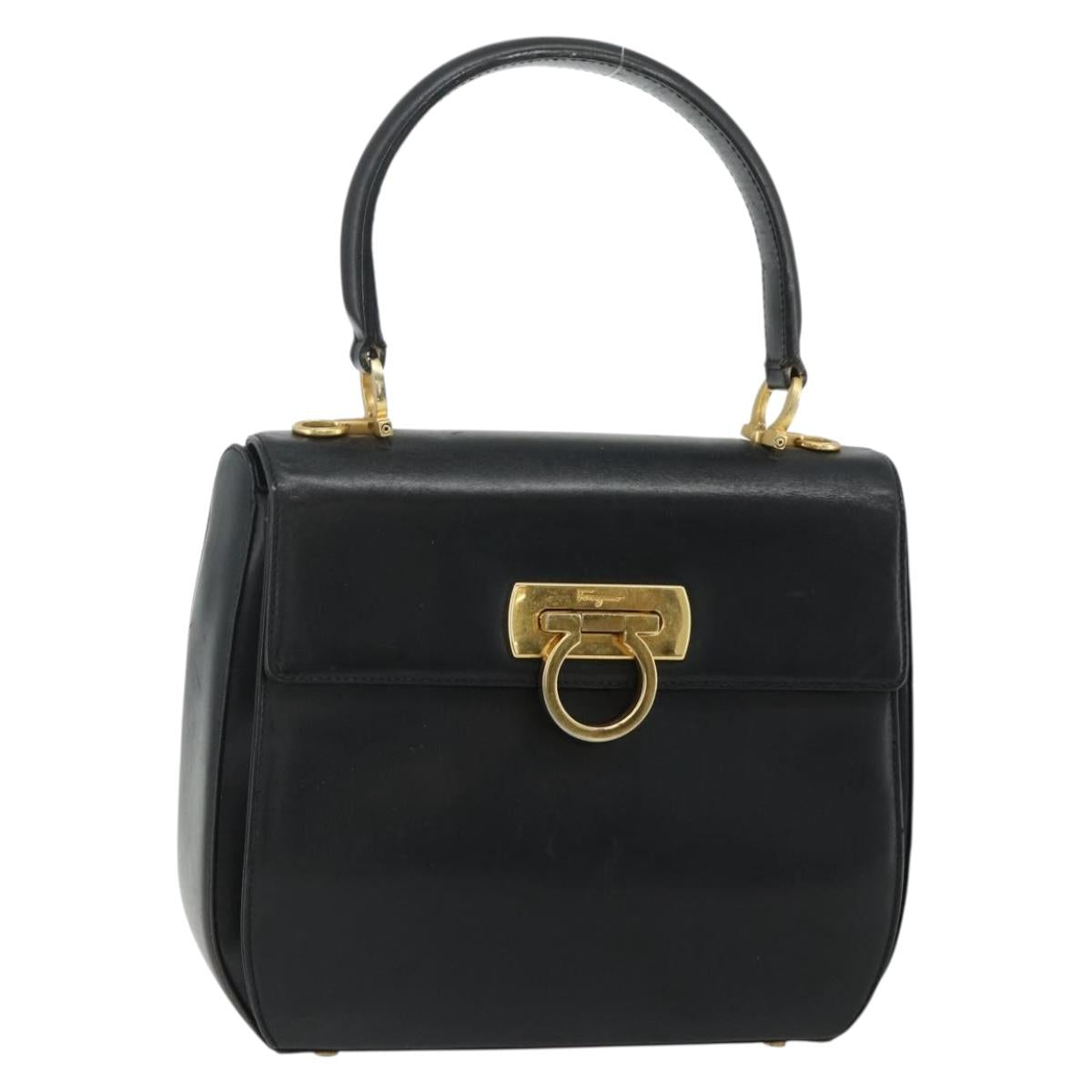 Salvatore Ferragamo Gancini Hand Bag Leather 2way Black Gold Auth ka4209