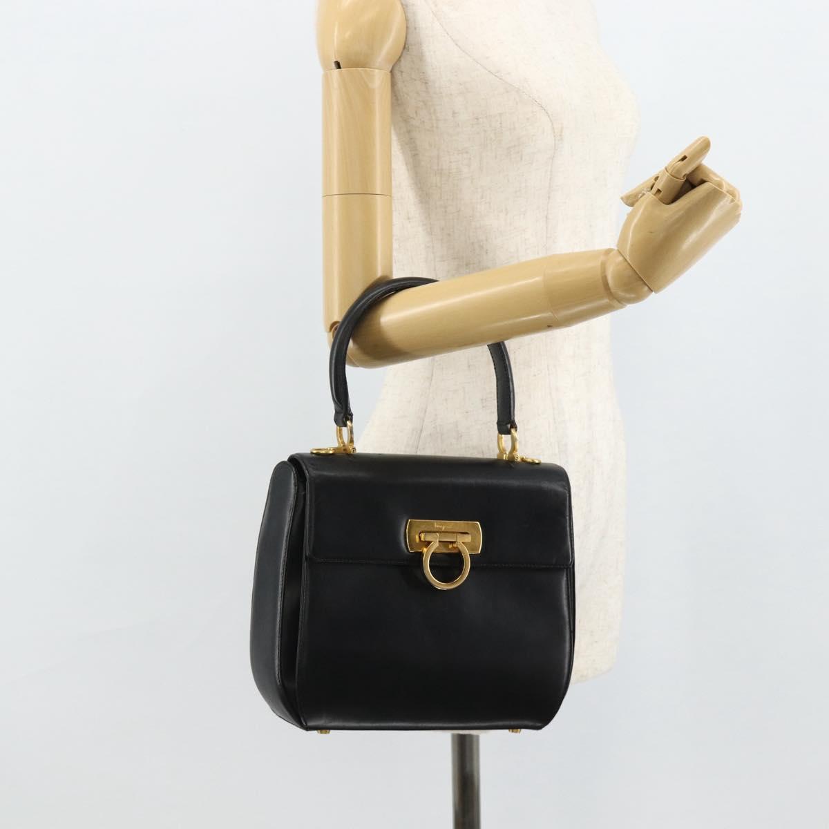 Salvatore Ferragamo Gancini Hand Bag Leather 2way Black Gold Auth ka4209
