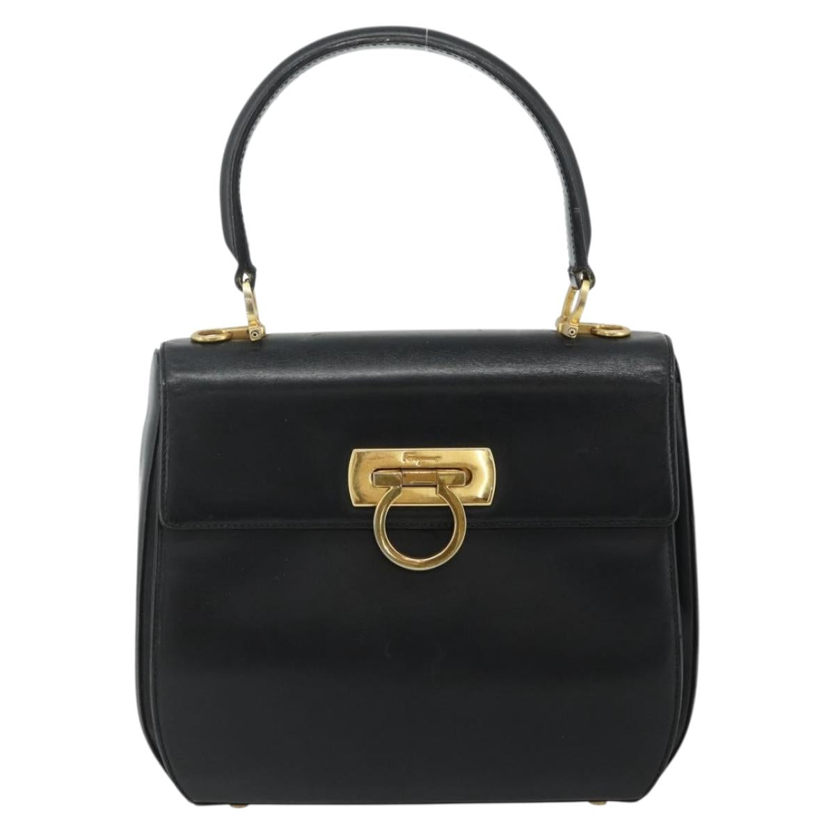 Salvatore Ferragamo Gancini Hand Bag Leather 2way Black Gold Auth ka4209