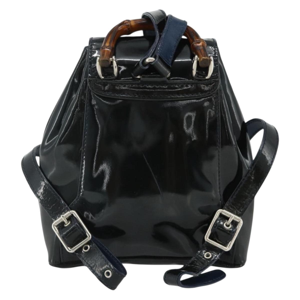 GUCCI Bamboo Backpack Patent leather Navy Silver 005 781 0319 Auth ka4216A