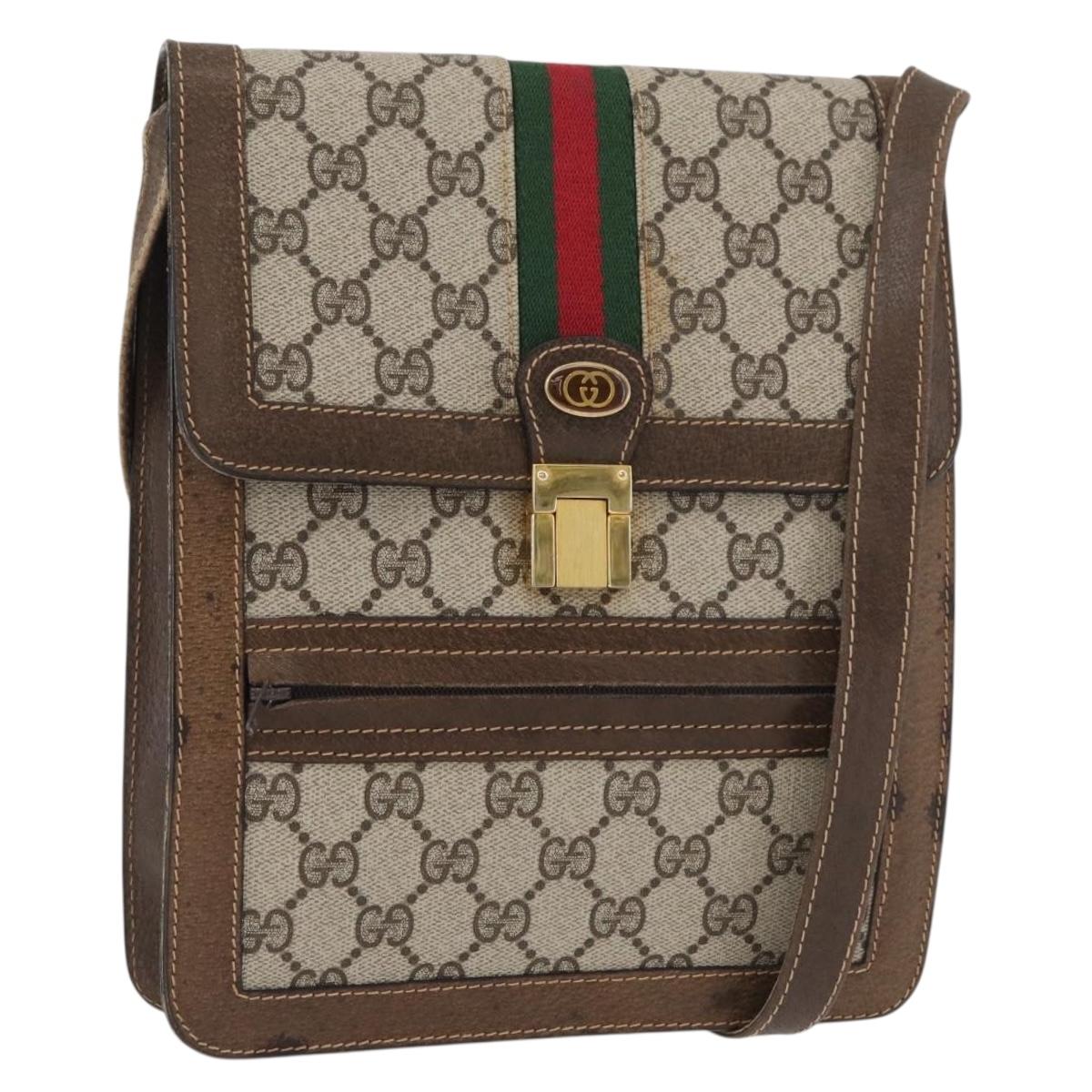 GUCCI GG Supreme Web Sherry Line Shoulder Bag PVC Beige Gold Red Auth ka4225