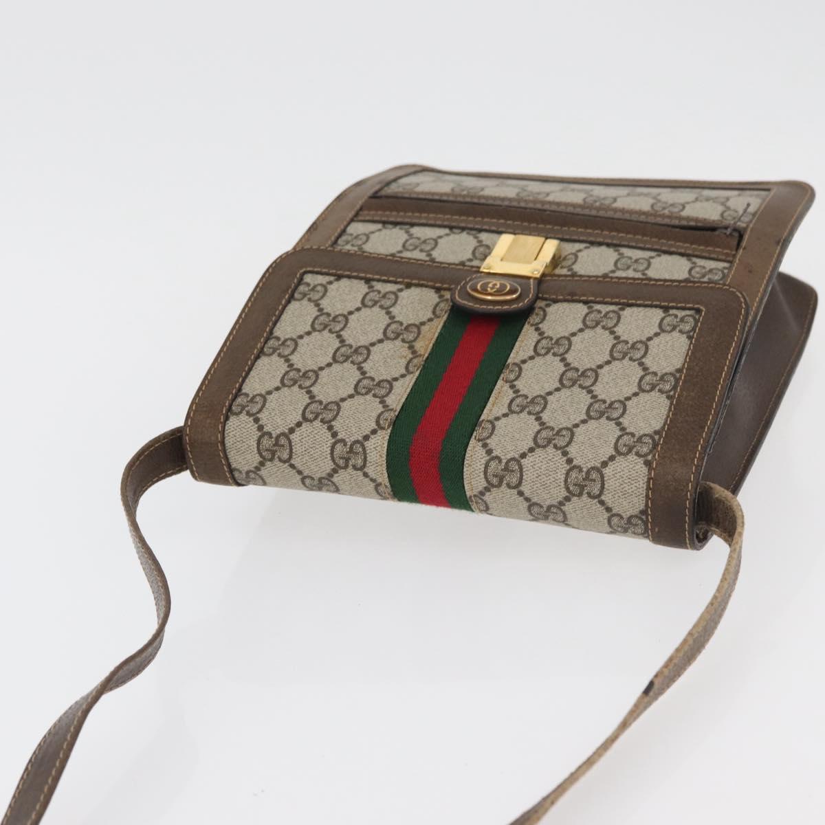 GUCCI GG Supreme Web Sherry Line Shoulder Bag PVC Beige Gold Red Auth ka4225