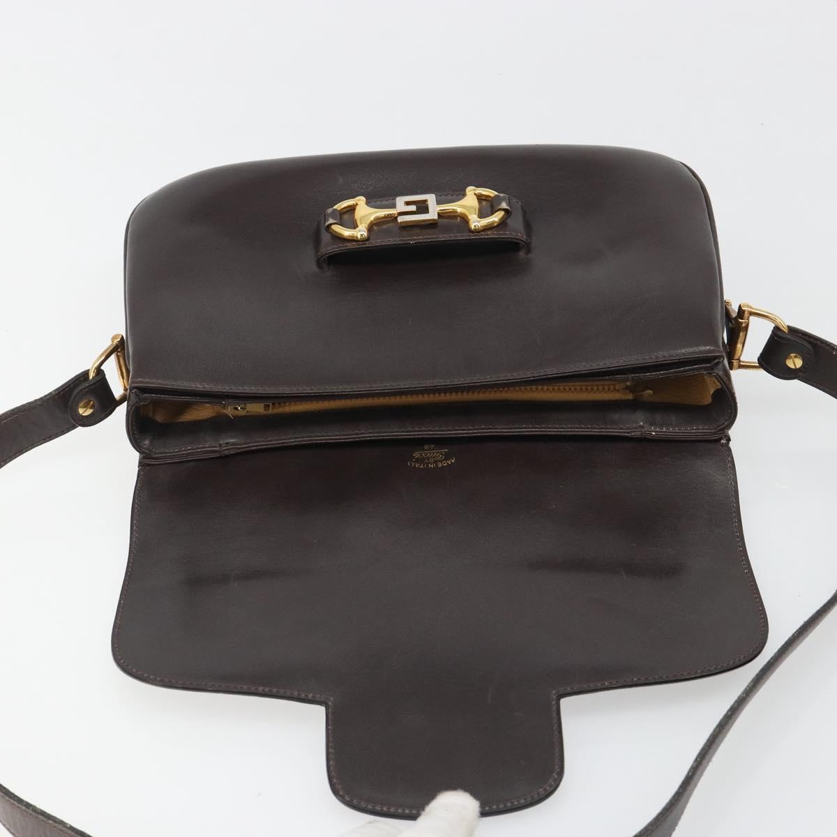 GUCCI Shoulder Bag Leather Brown Gold Auth ka4228