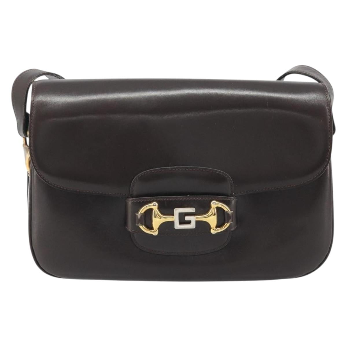 GUCCI Shoulder Bag Leather Brown Gold Auth ka4228