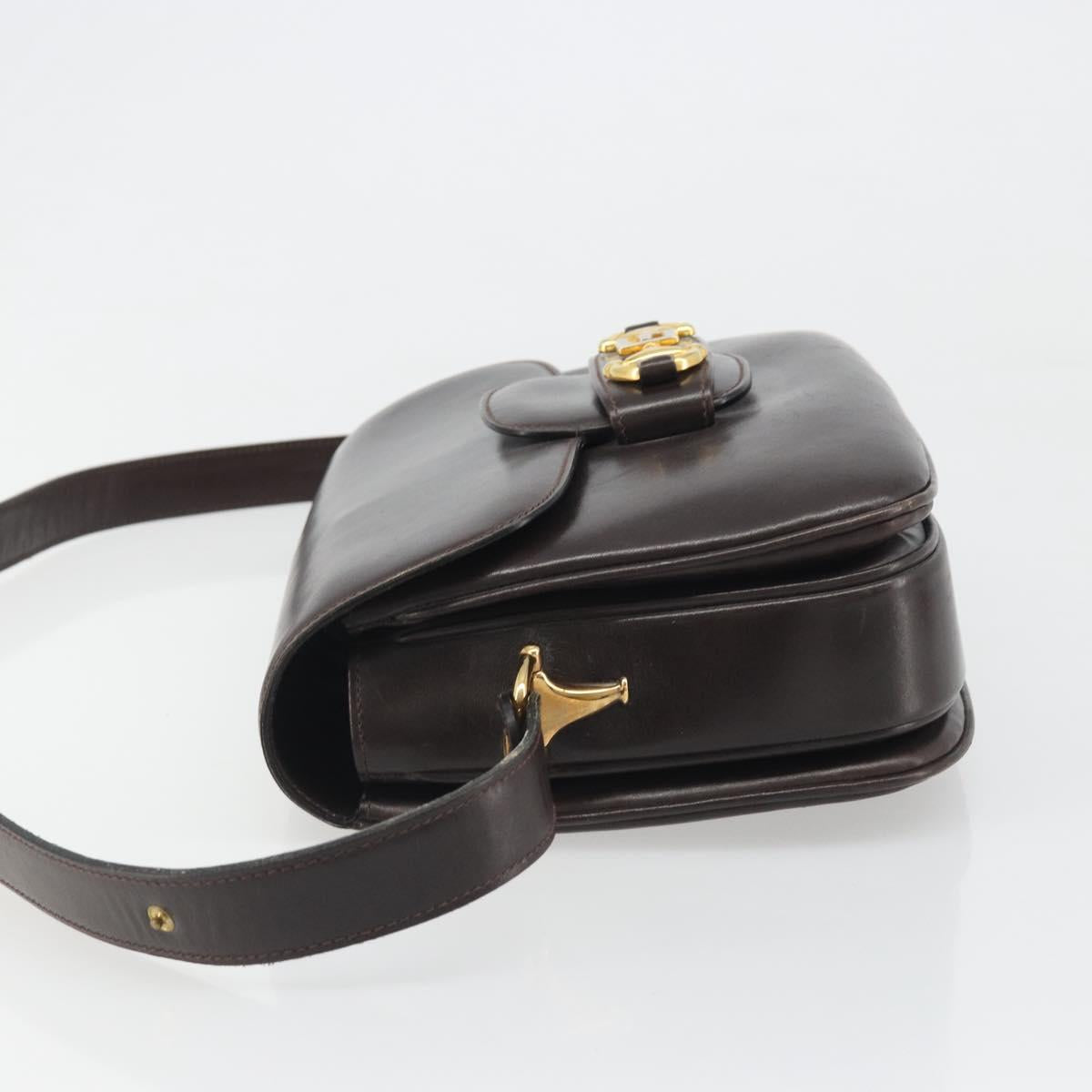 GUCCI Shoulder Bag Leather Brown Gold Auth ka4228