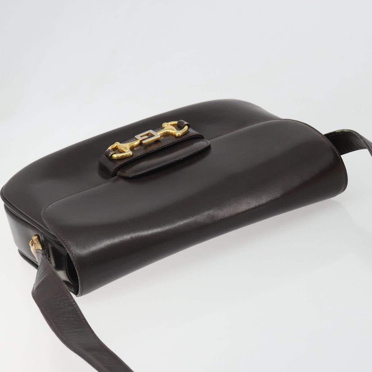 GUCCI Shoulder Bag Leather Brown Gold Auth ka4228