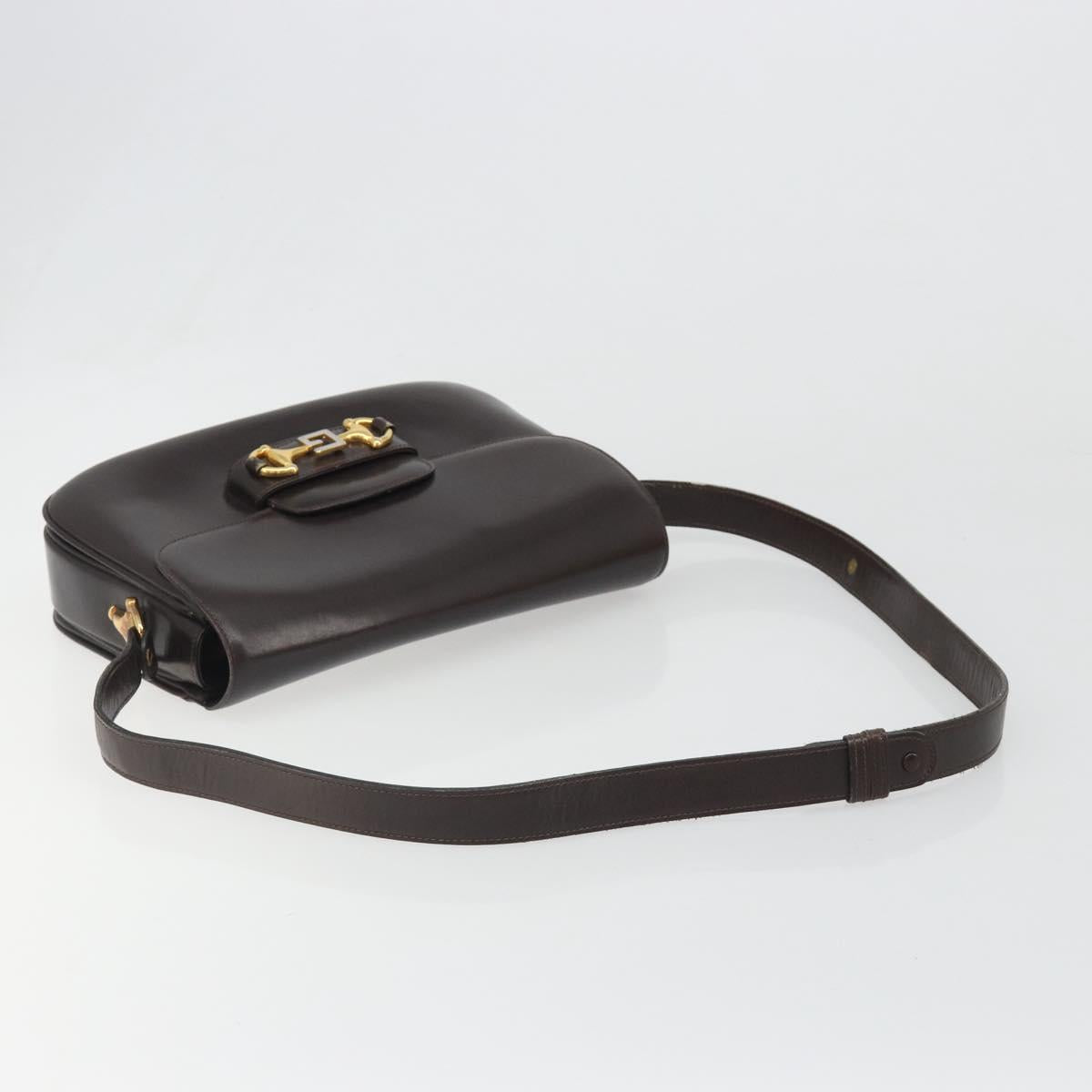 GUCCI Shoulder Bag Leather Brown Gold Auth ka4228
