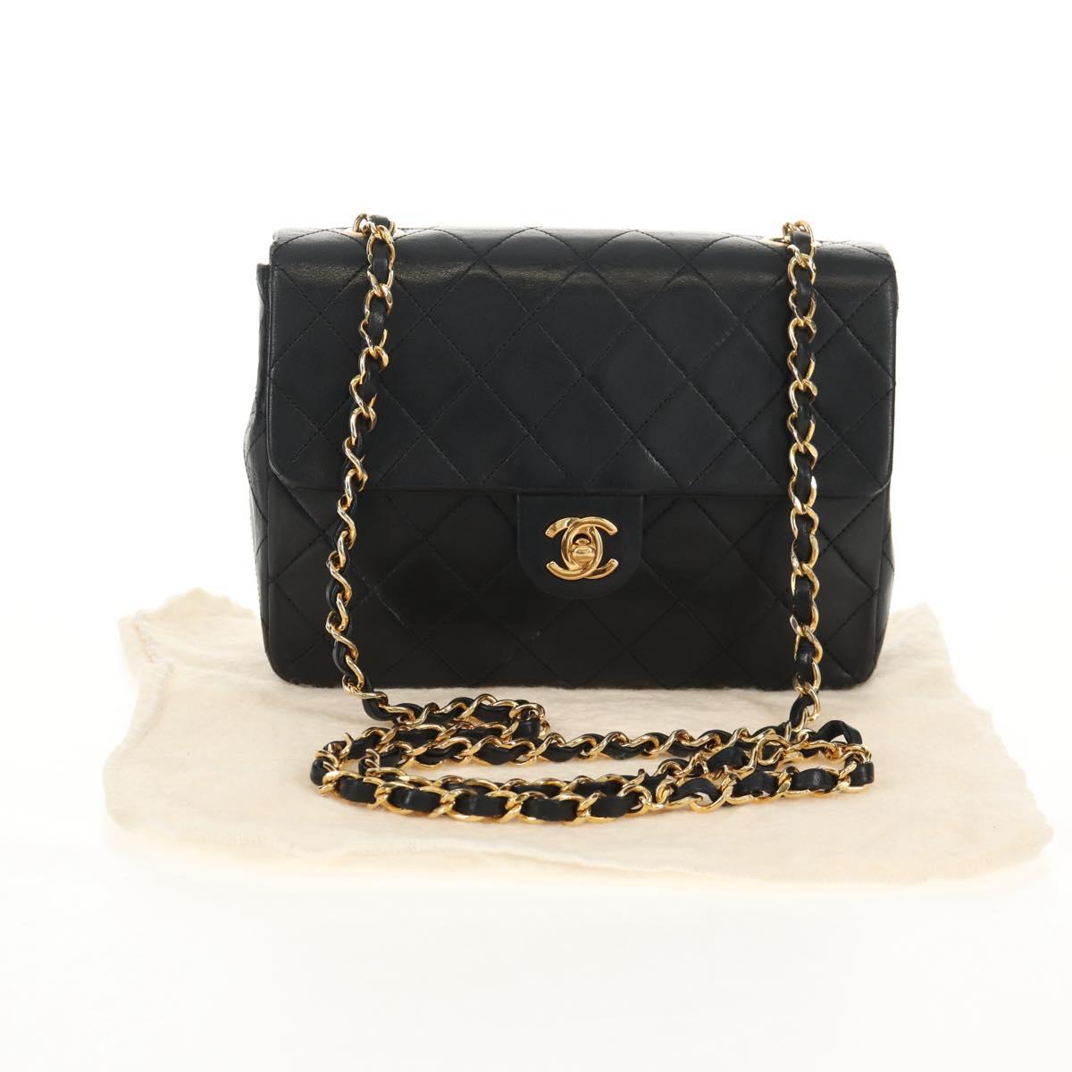 CHANEL Matelasse 20 Chain Shoulder Bag Lamb Skin Black Gold CC Auth ka423V