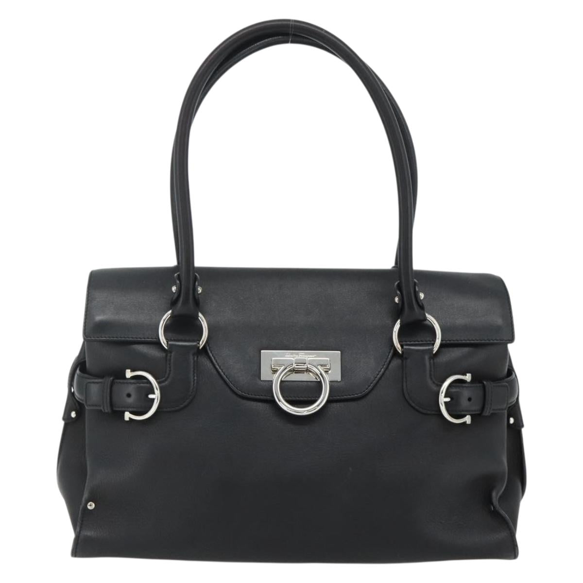 Salvatore Ferragamo Gancini Shoulder Bag Leather Black Silver Auth ka4272A