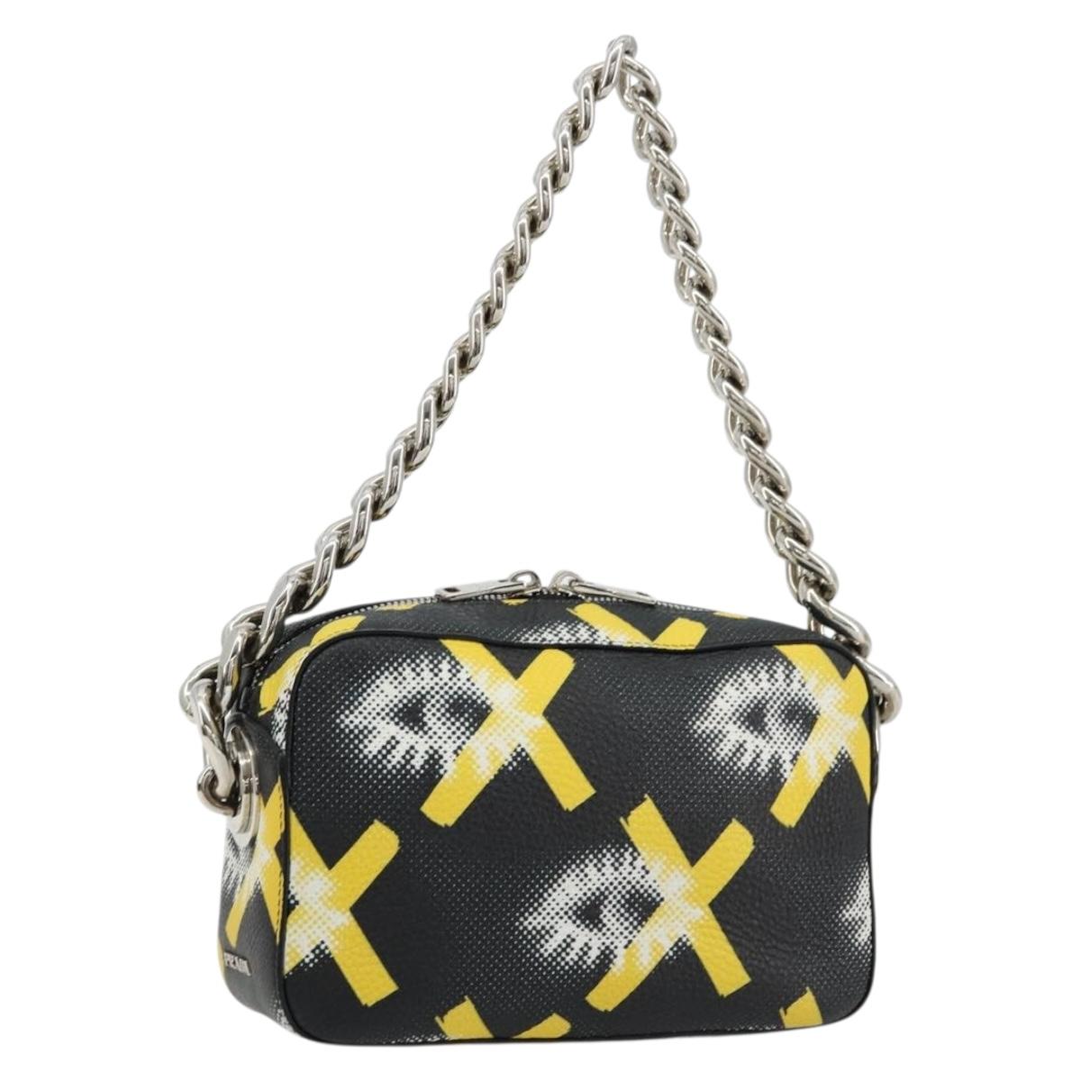 PRADA Chain Shoulder Bag Leather Black Yellow Auth ka4328M