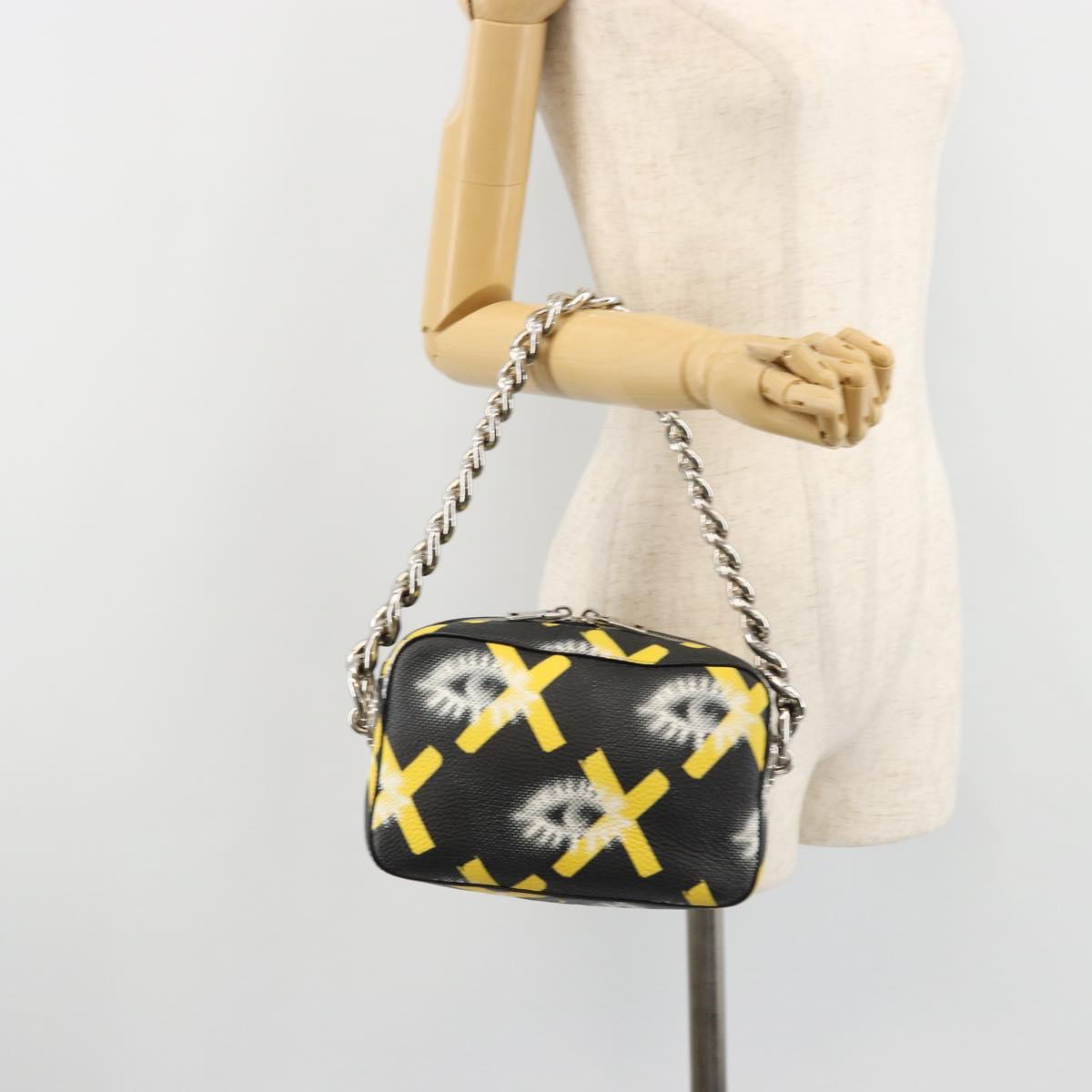 PRADA Chain Shoulder Bag Leather Black Yellow Auth ka4328M