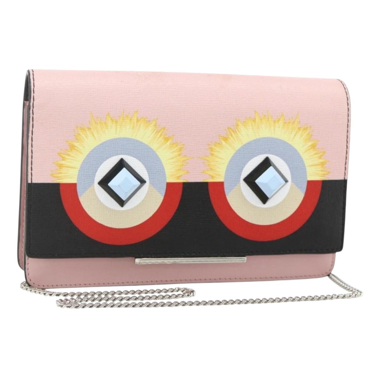 FENDI Chain Wallet Monster Shoulder Bag Leather Pink Silver Auth ka4337A