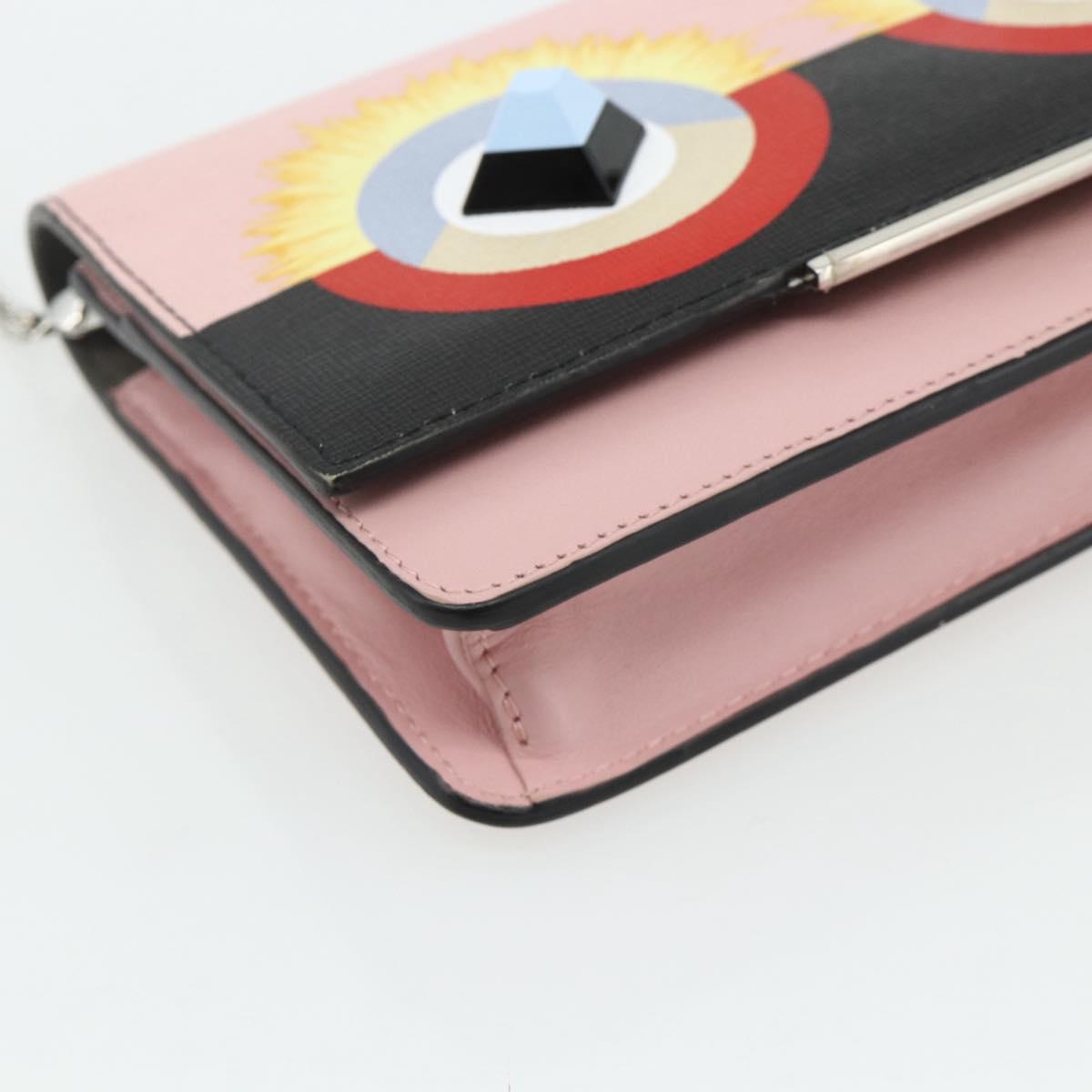 FENDI Chain Wallet Monster Shoulder Bag Leather Pink Silver Auth ka4337A