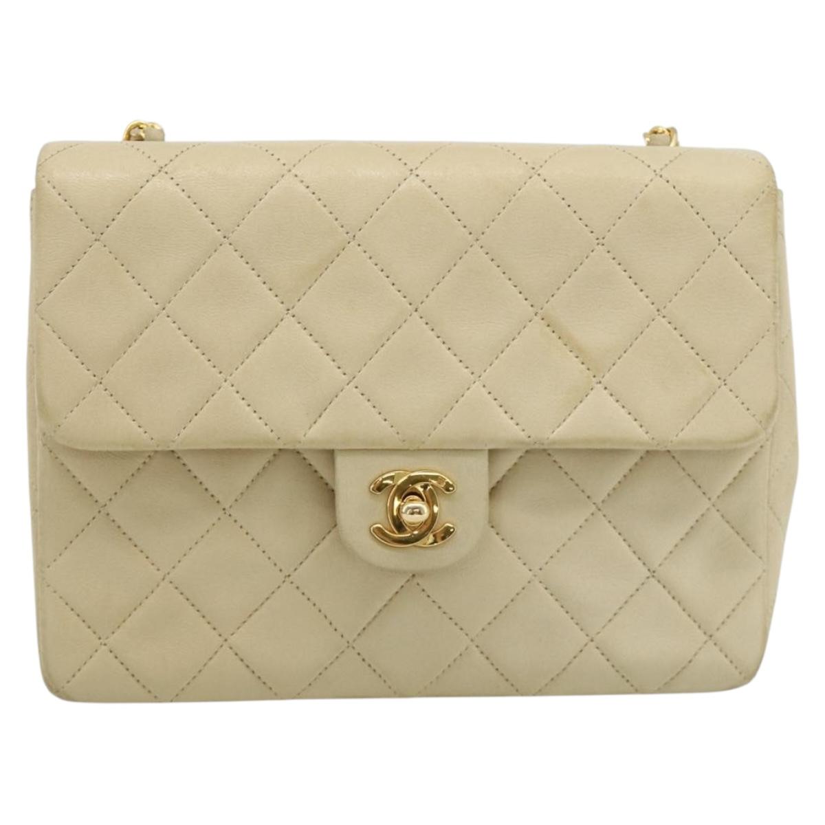 CHANEL Turn Lock Chain Shoulder Bag Lamb Skin Beige Gold CC Auth ka4339V