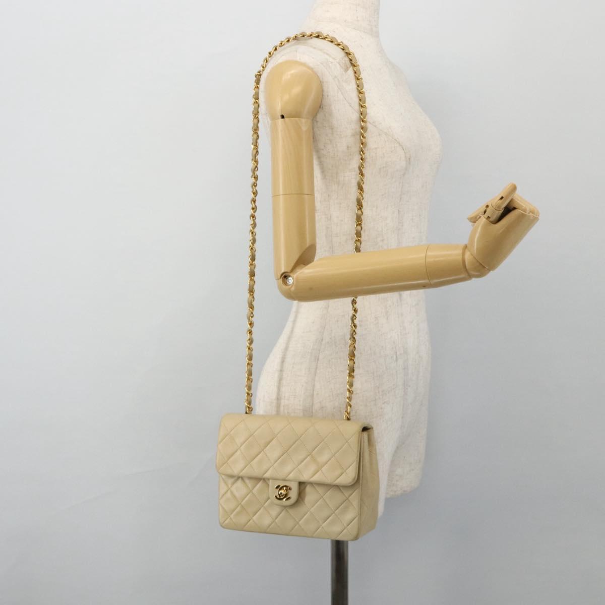 CHANEL Turn Lock Chain Shoulder Bag Lamb Skin Beige Gold CC Auth ka4339V